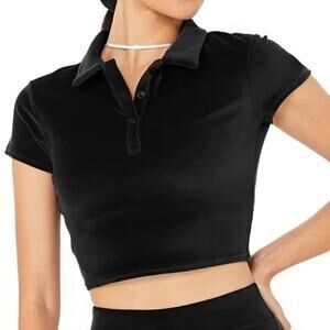 Alo Yoga Velour Choice Polo Soft Serve Black Cropped Short Sleeve Size Small NEW